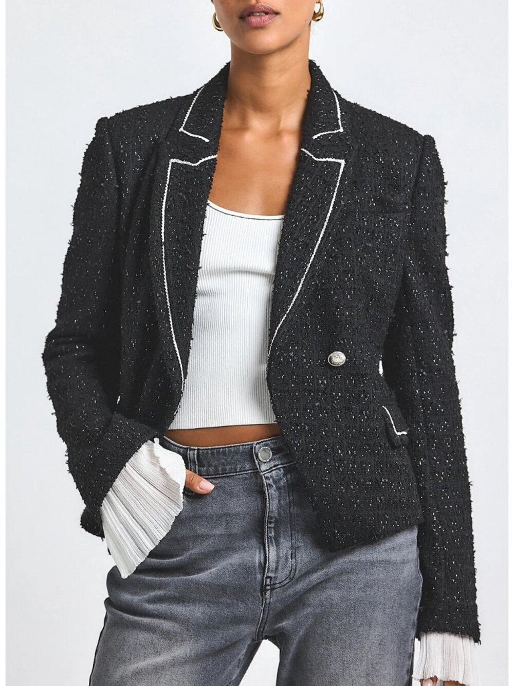 NWT Derek Lam 10 Crosby Estelise Black Tweed Blazer White Trim Silver Button 2